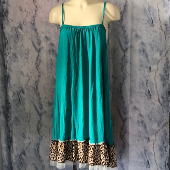NWT Sunshine & Rodeos spaghetti straps dress top turquoise & leopard - Picture 1 of 11